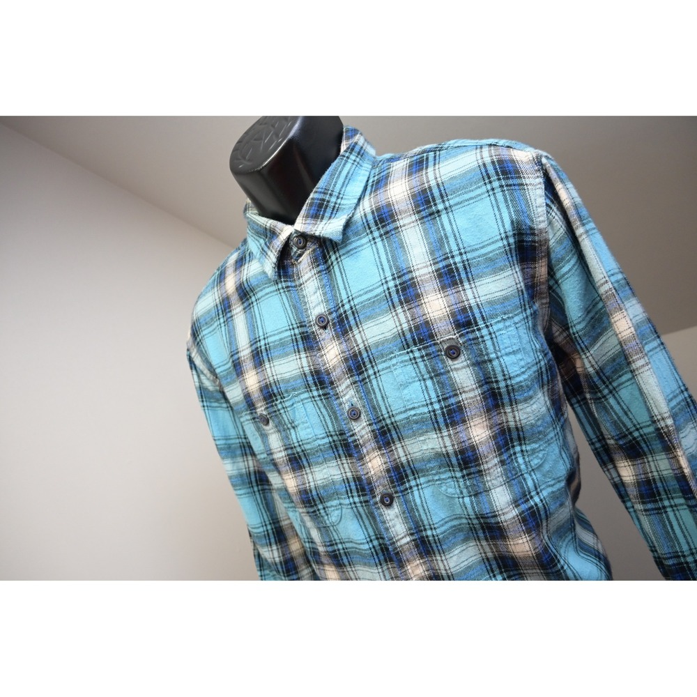 American Eagle Flannel Shirt Mens Large Turquoise Blue Plaid Prep Fit Excellent
